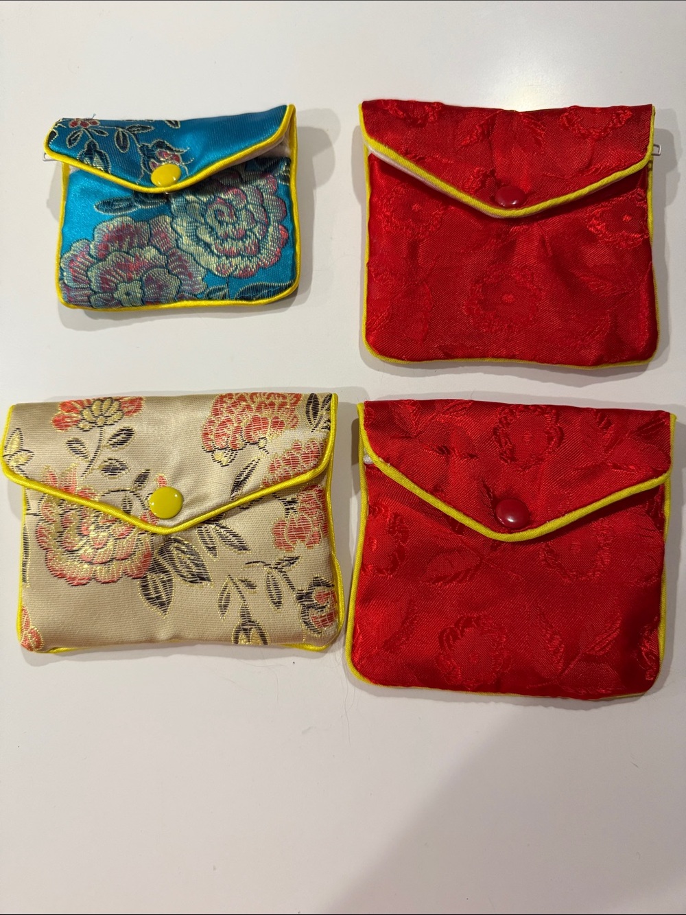 Jewelry pouches-Floral Satin Snap Cosmetic Pouches - Red, Blue & Cream